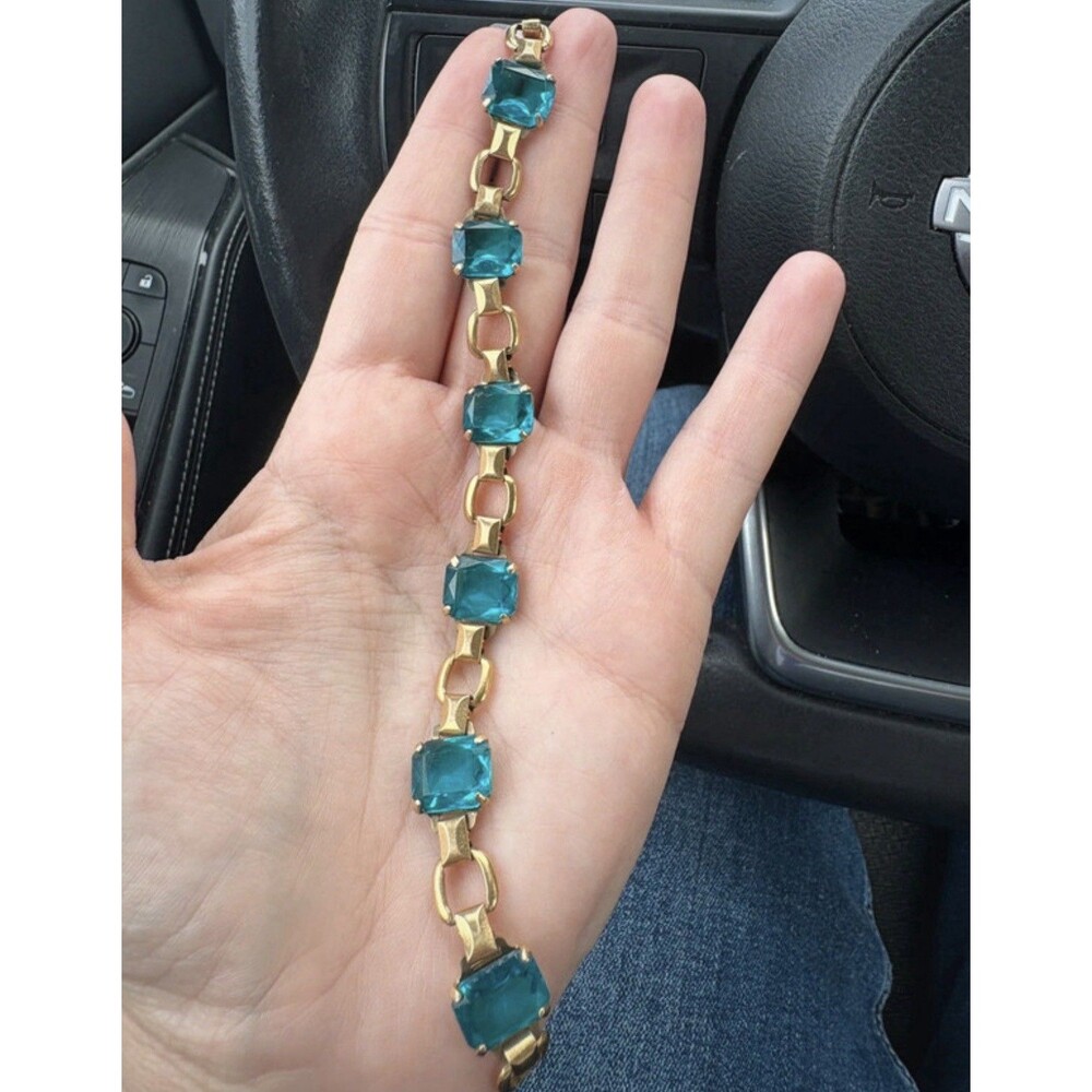 Vintage Simmons 1/20 12K Gold FilledAqua Glass Rhinestone Bracelet